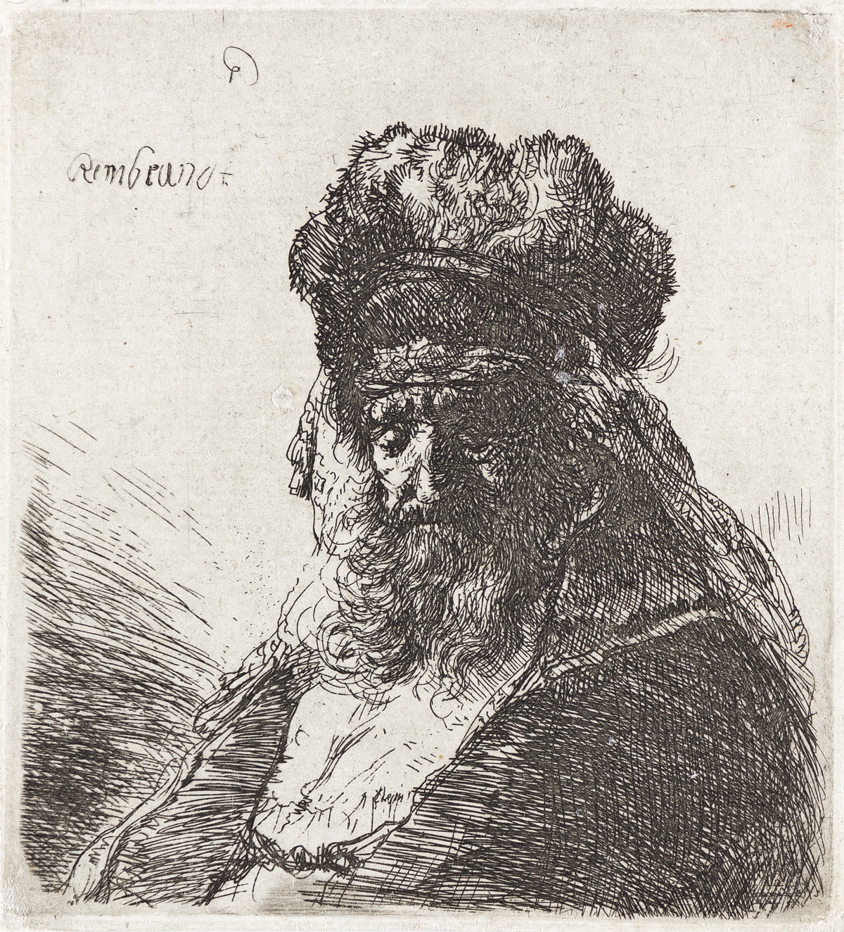 REMBRANDT VAN RIJN Old Bearded Man in a High Fur Cap, with Eyes Closed.